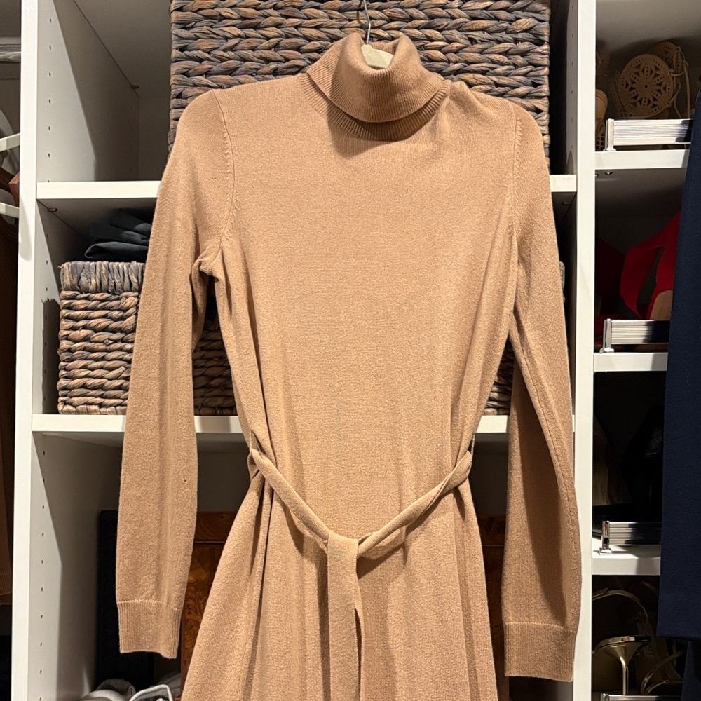 Theory Camel Turtleneck Long-Sleeve Belted Dress